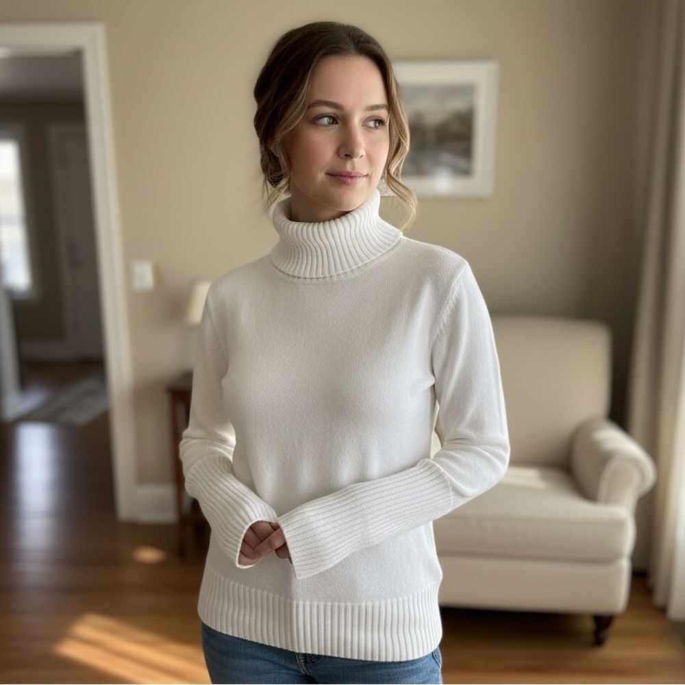 BCBGMAXAZRIA White Ribbed Turtleneck Knit Sweater Size Small